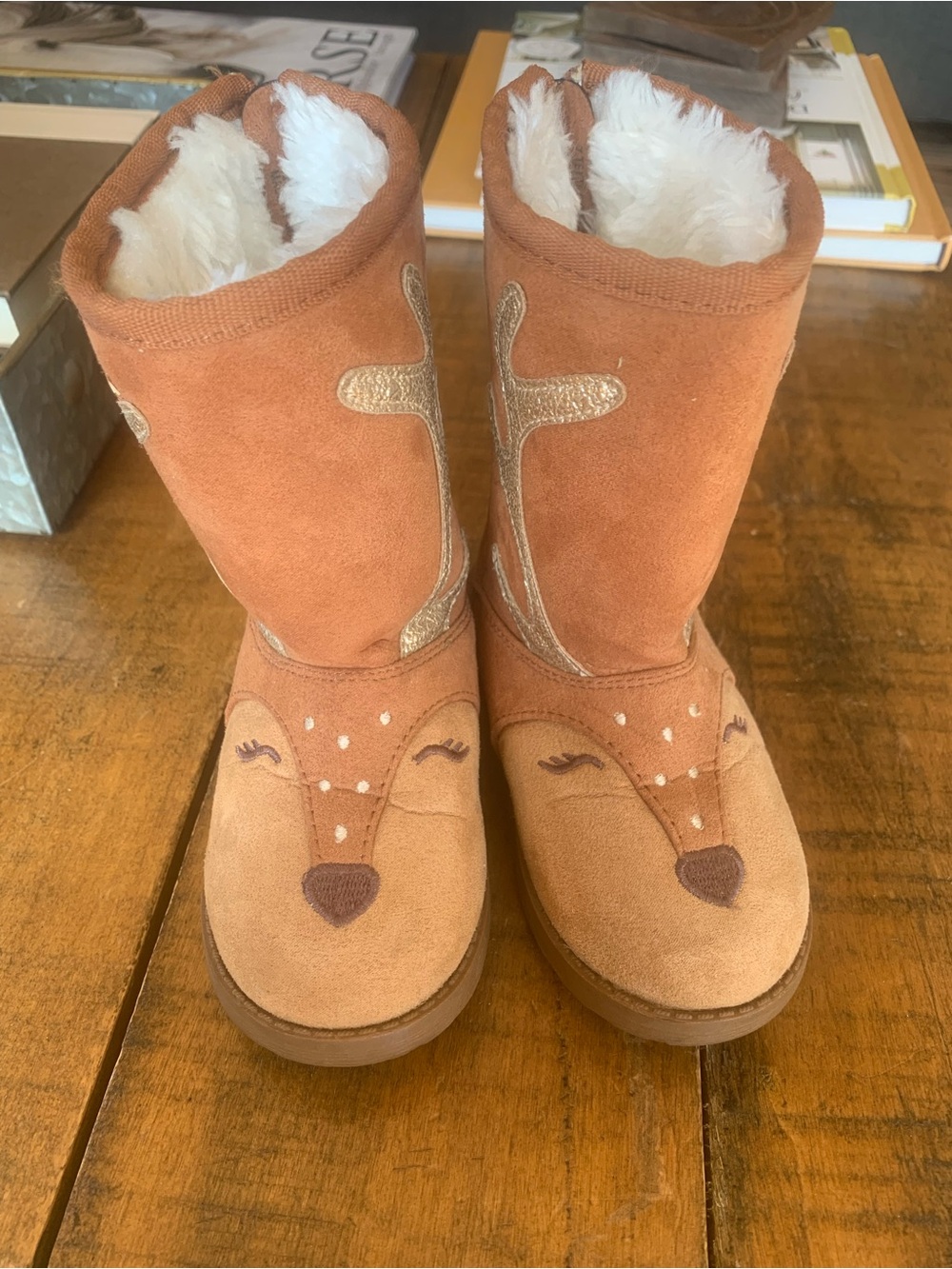 Cat & Jack Girls Tan Suede Deer Booties with Faux Fur